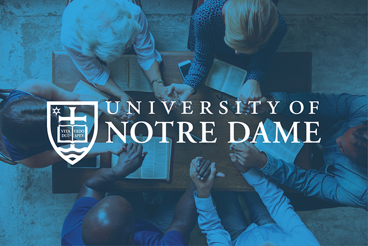 Group of people praying. With the logo of the University of Notre Dame over top.
