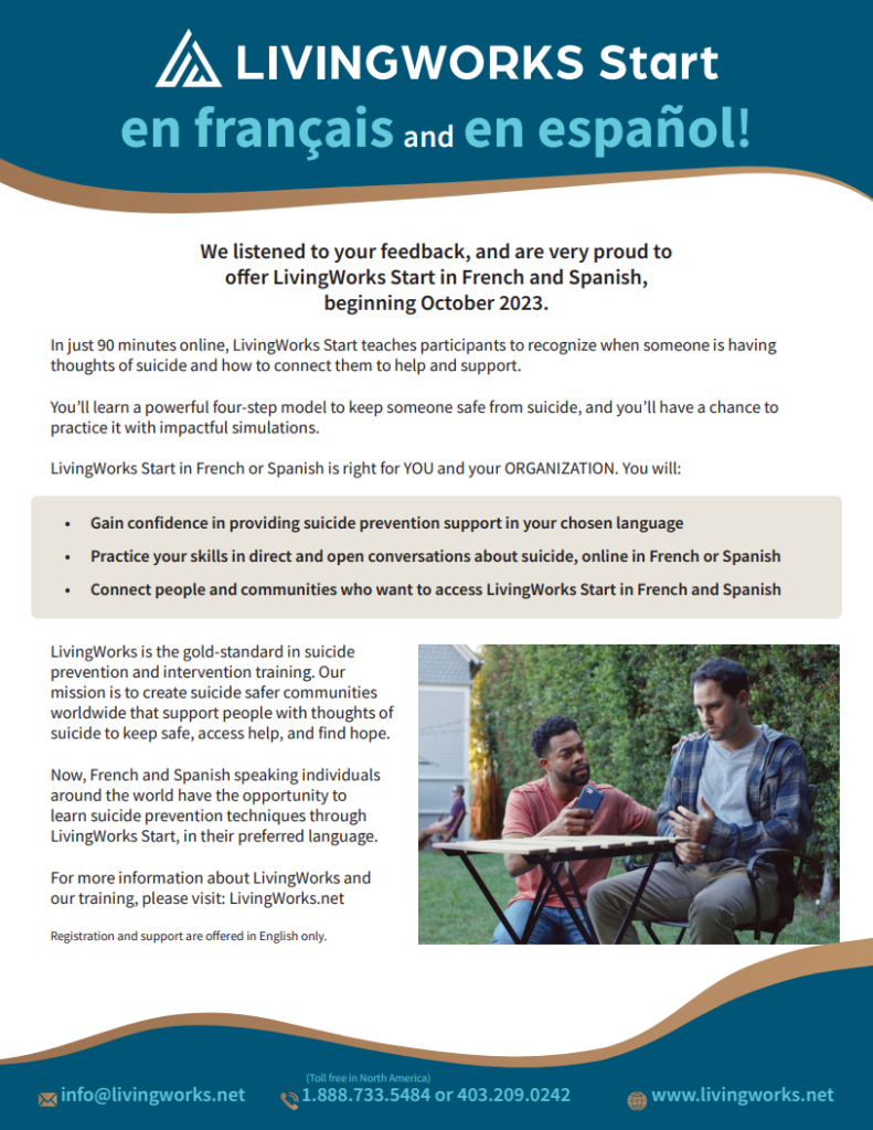LivingWorks Start in French and Spanish information sheet